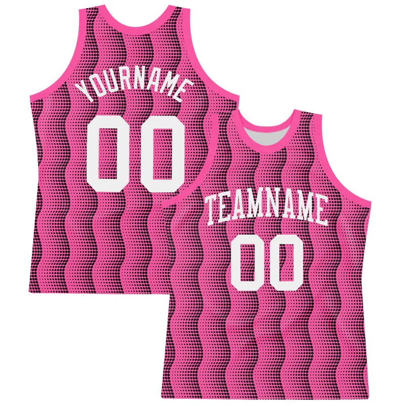 Custom Pink White-Black Geometric Shape Round Neck Sublimation Basketball Suit Jersey