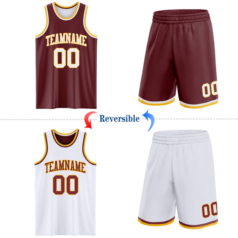 Custom Reversible Burgundy White-Gold Double Side Sublimation Basketball Suit Jersey