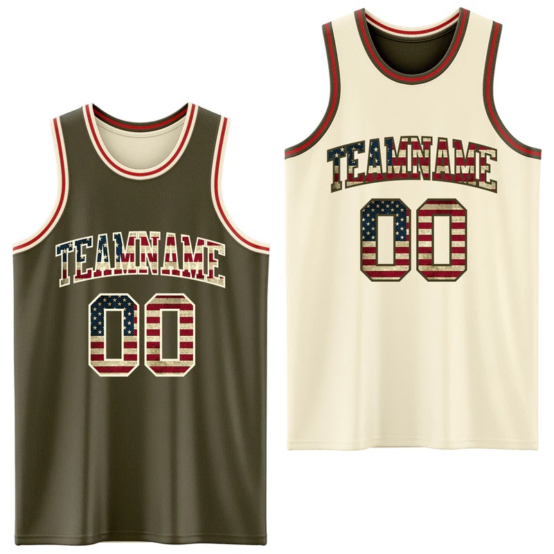 Custom Reversible Olive Vintage USA Flag Cream-Red Double Side Salute To Service Sublimation Basketball Suit Jersey