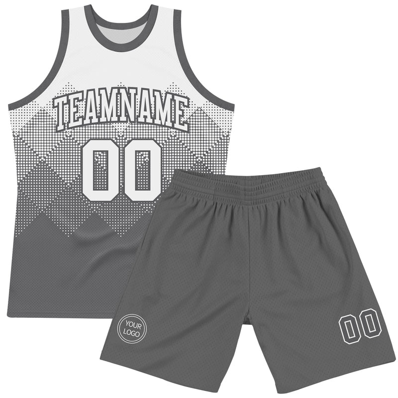 Custom White Steel Gray Gradient Square Shapes Round Neck Sublimation Basketball Suit Jersey