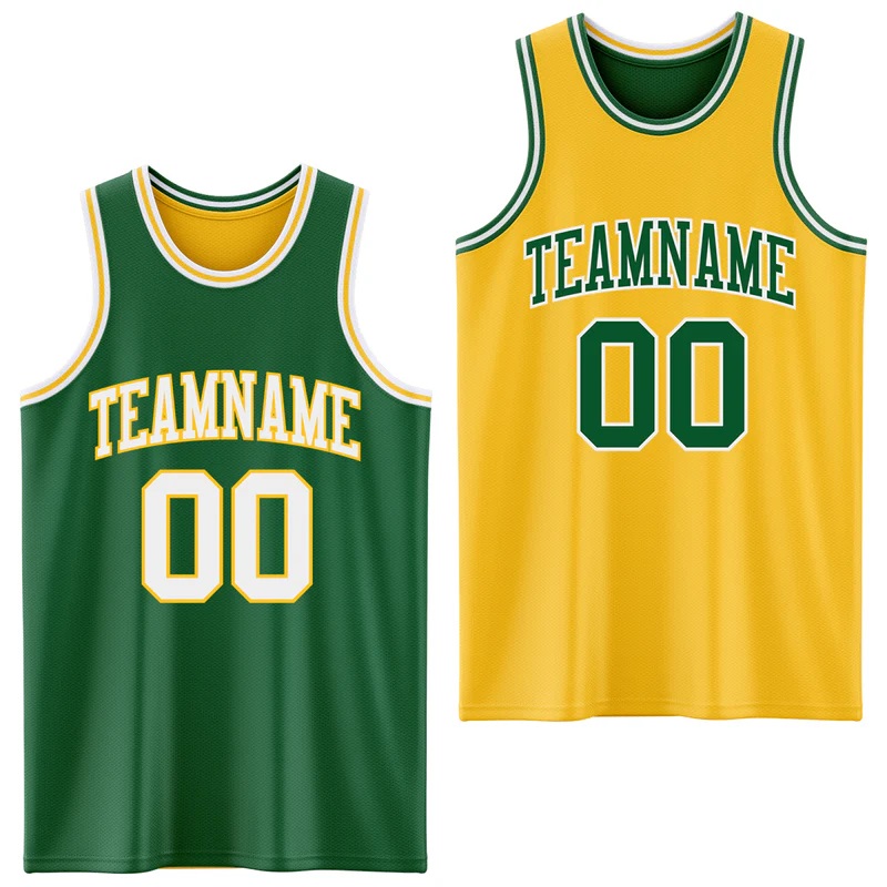 Custom Reversible Kelly Green White-Gold Double Side Sublimation Basketball Suit Jersey