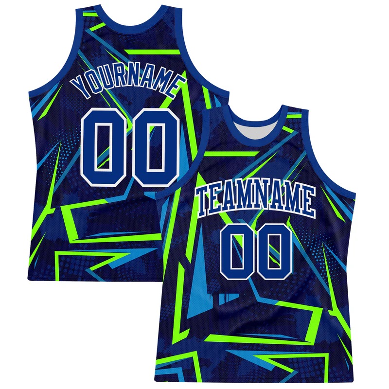 Custom Royal Neon Green-White Geometric Shape Round Neck Sublimation Basketball Suit Jersey