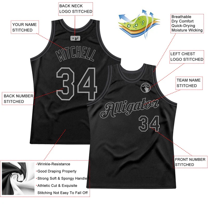 Custom Black Black-Gray Authentic Throwback Basketball Jersey