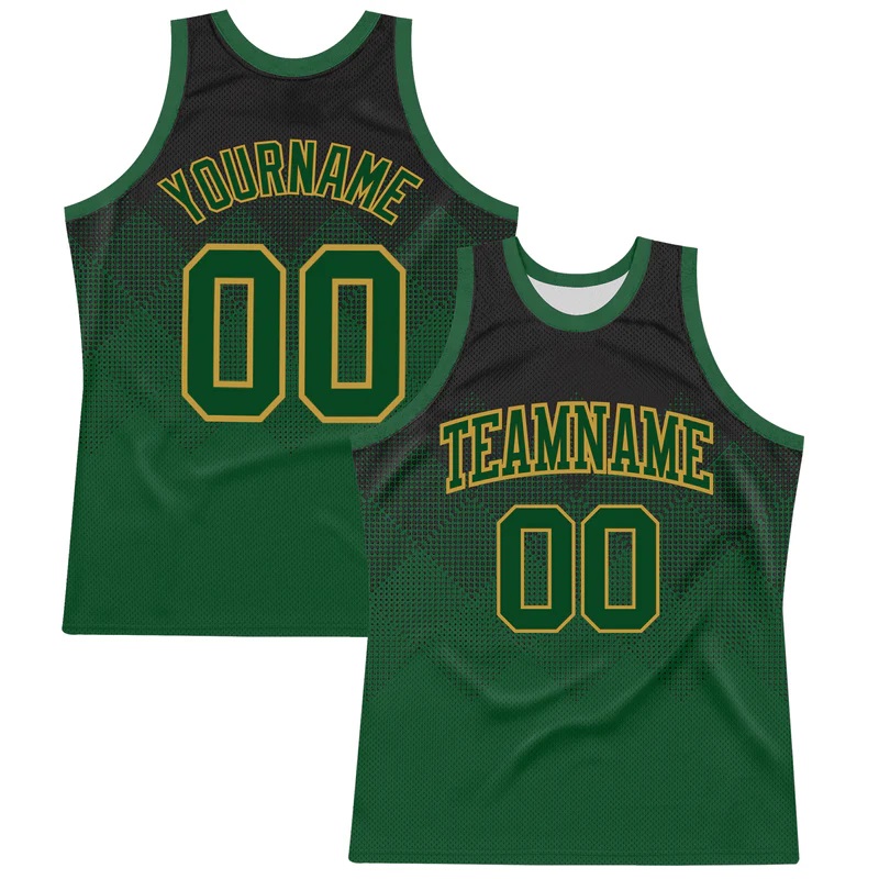 Custom Black Green-Old Gold Fade Fashion Round Neck Sublimation Basketball Suit Jersey
