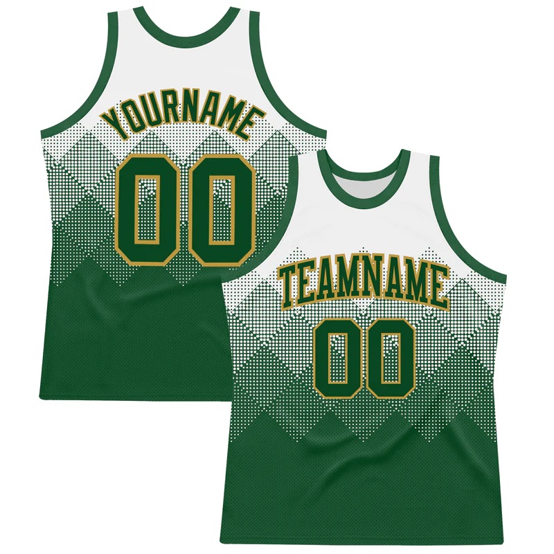 Custom White Green-Old Gold Gradient Square Shapes Round Neck Sublimation Basketball Suit Jersey
