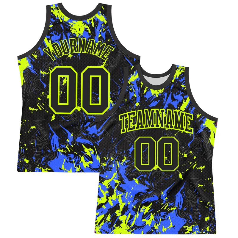 Custom Black Neon Green-Royal Splash Round Neck Sublimation Basketball Suit Jersey