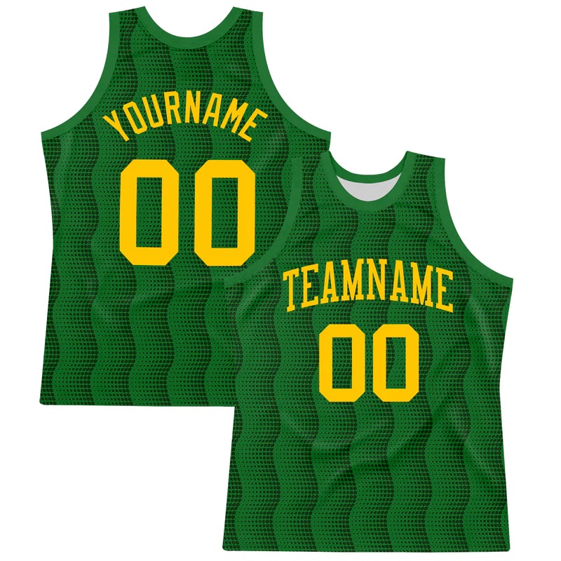 Custom Kelly Green Yellow Geometric Shape Round Neck Sublimation Basketball Suit Jersey