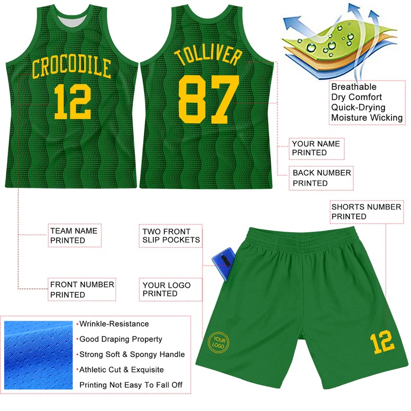 Custom Kelly Green Yellow Geometric Shape Round Neck Sublimation Basketball Suit Jersey