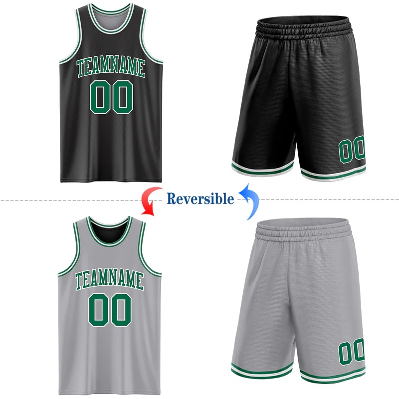 Custom Reversible Black Kelly Green-White Double Side Sublimation Basketball Suit Jersey